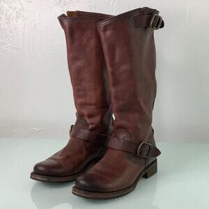 Frye Veronica Slouch Distressed Buckled oil rubbed leather tall boots Size 8 EUC